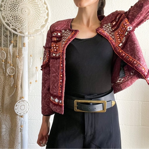NWOT Boho Mirror Work & Bead Details Wine Blazer - Picture 3 of 16